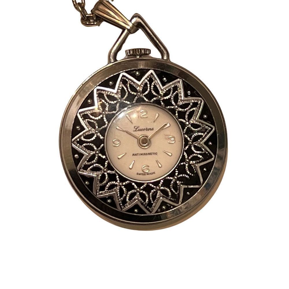 Vtg Lucerne Watch Pendent Long Chain Necklace Swiss Made